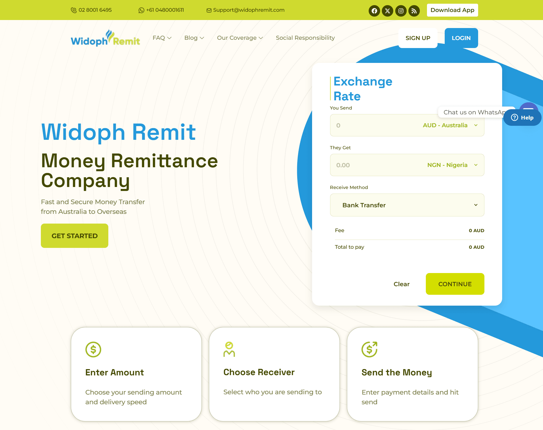 Widoph Remit homepage